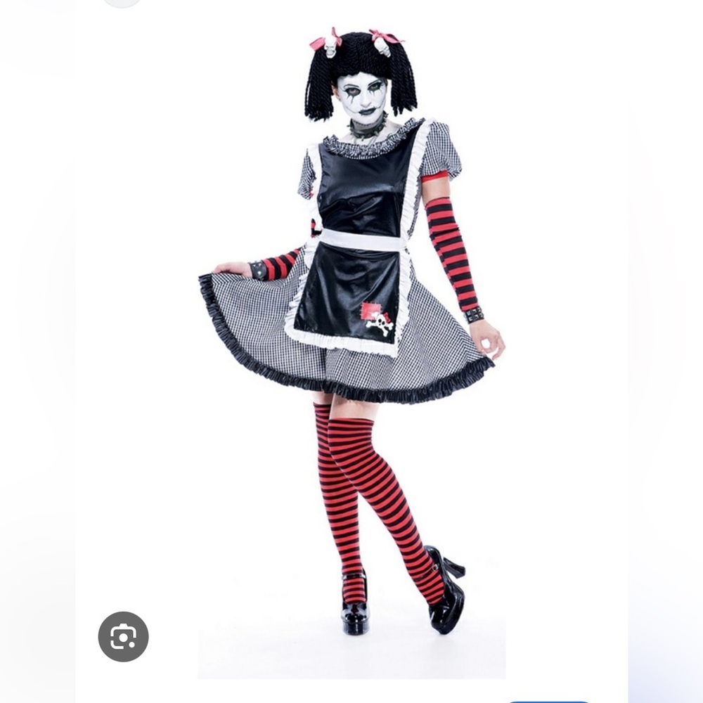 California Costumes Gothic Rag Doll Outfit - Black, White, Red and wig included